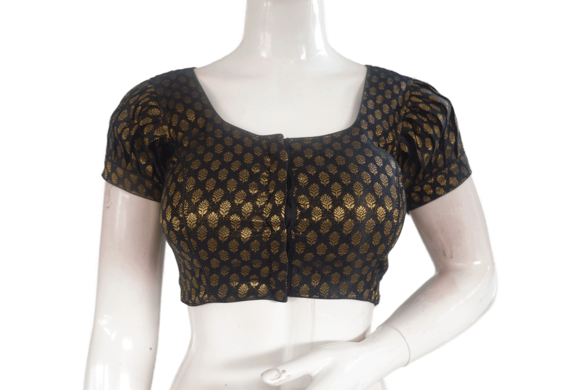 Black Color Brocade Silk Puff Sleeves Readymade Saree Blouse - D3blouses