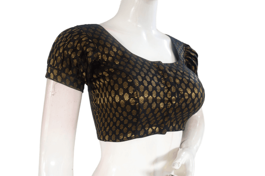 Black Color Brocade Silk Puff Sleeves Readymade Saree Blouse - D3blouses