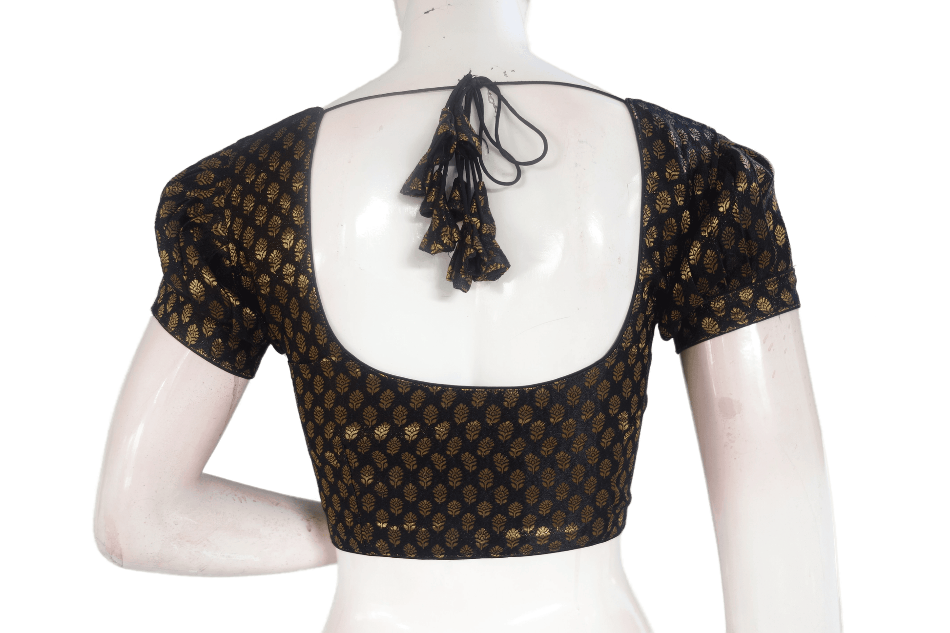 Black Color Brocade Silk Puff Sleeves Readymade Saree Blouse - D3blouses