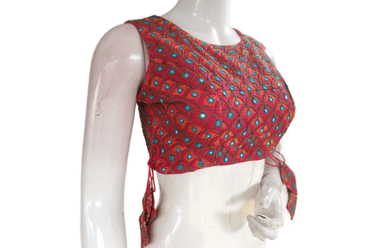 Pink Color Peacock Embroidery Foil Mirror Boat Neck Designer Readymade Matching Saree Blouse - D3blouses
