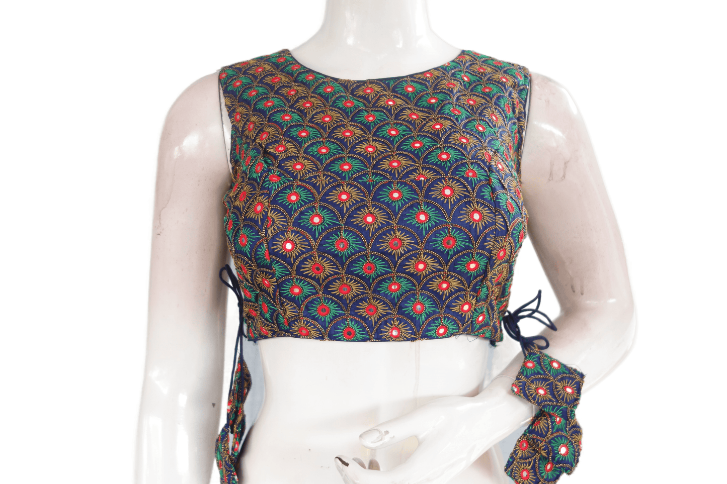 Navy Blue Color Peacock Embroidery Foil Mirror Boat Neck Designer Readymade Matching Saree Blouse - D3blouses