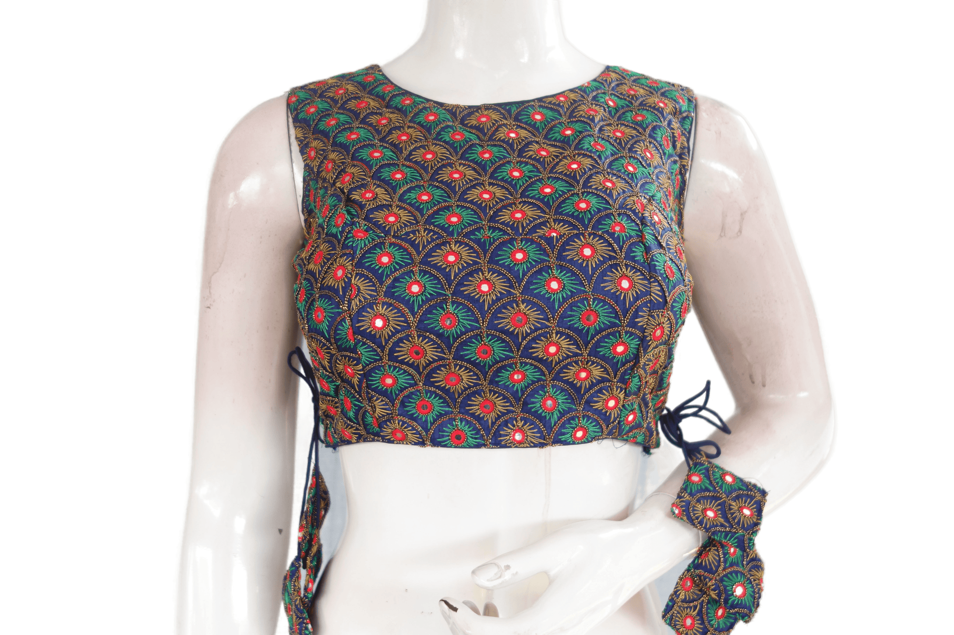Navy Blue Color Peacock Embroidery Foil Mirror Boat Neck Designer Readymade Matching Saree Blouse - D3blouses