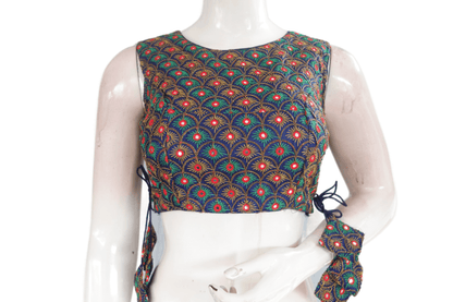 Navy Blue Color Peacock Embroidery Foil Mirror Boat Neck Designer Readymade Matching Saree Blouse - D3blouses