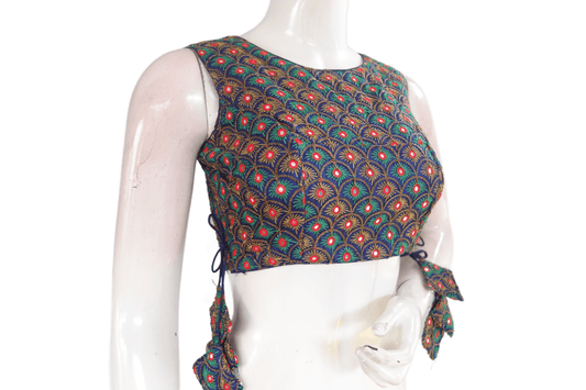 Navy Blue Color Peacock Embroidery Foil Mirror Boat Neck Designer Readymade Matching Saree Blouse - D3blouses