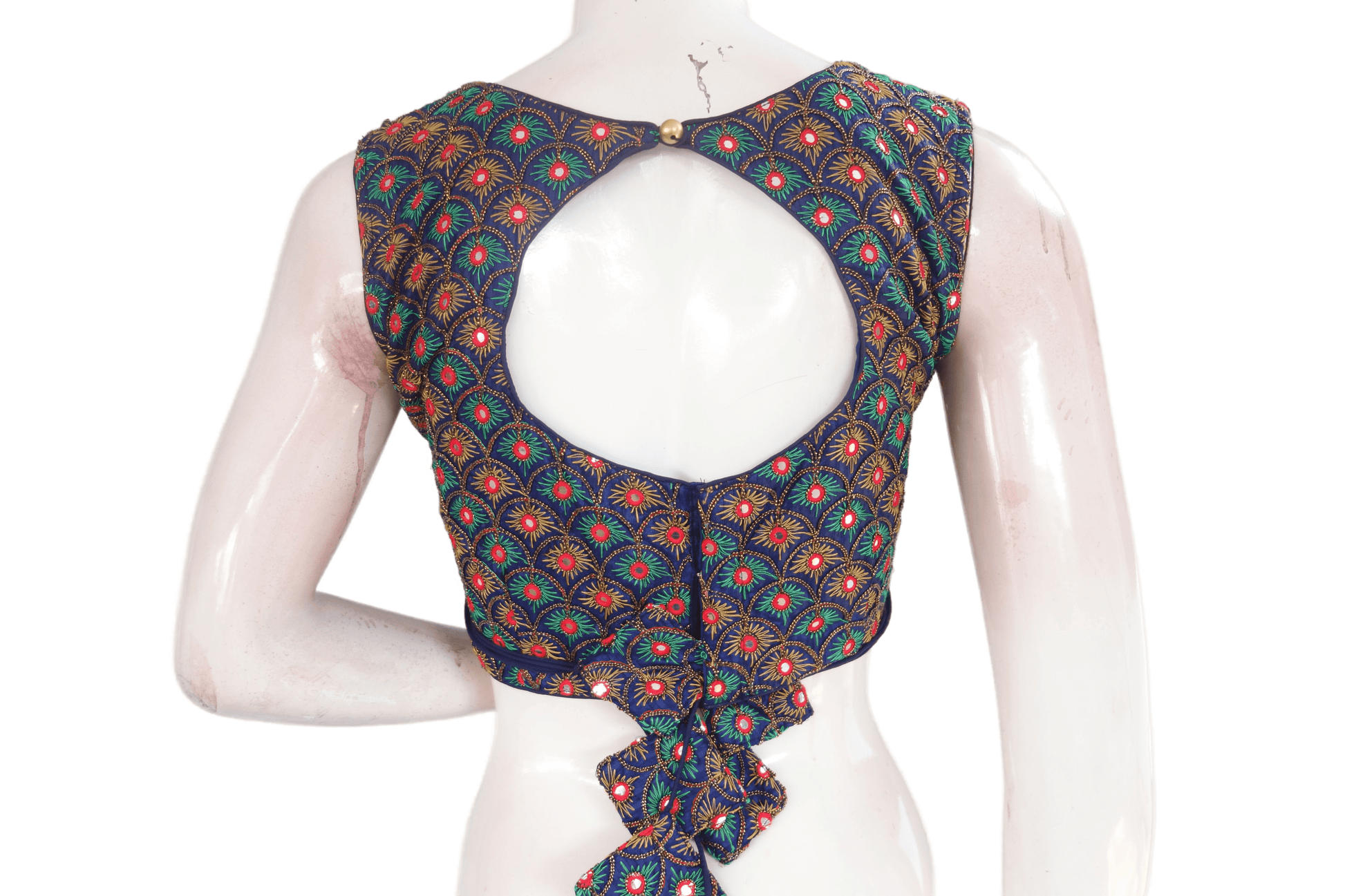 Navy Blue Color Peacock Embroidery Foil Mirror Boat Neck Designer Readymade Matching Saree Blouse - D3blouses