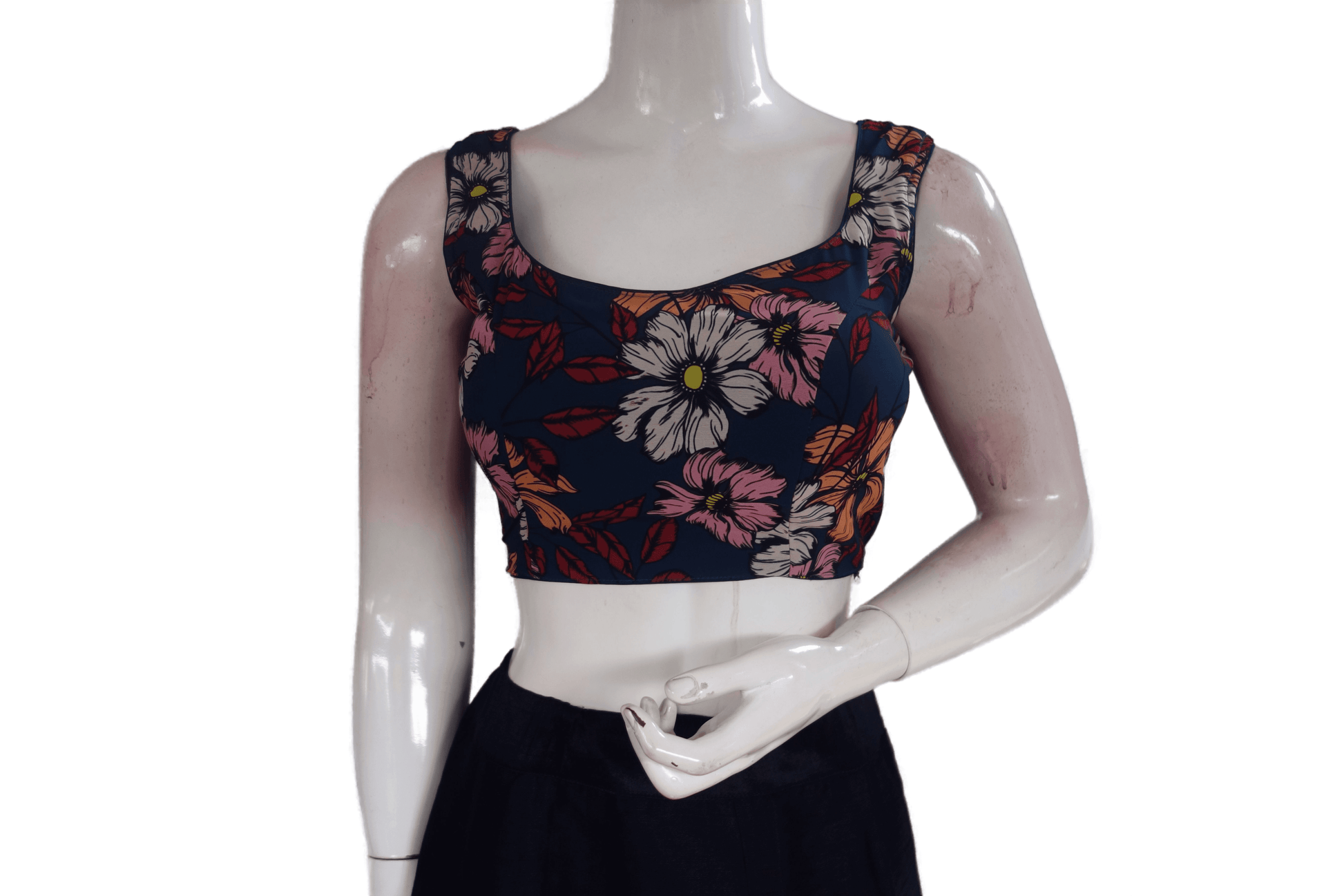 Dark Navy Blue Color Designer Organza Sleeveless Readymade Saree Blouse With Tassels - D3blouses