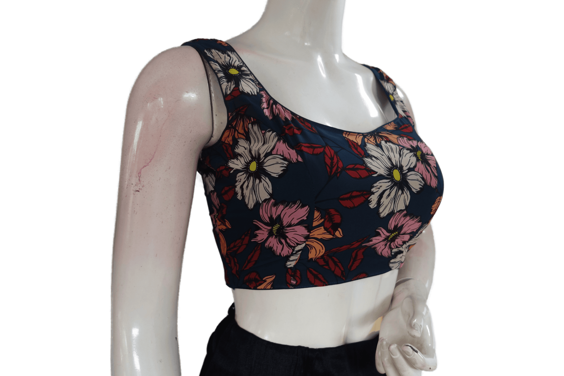 Dark Navy Blue Color Designer Organza Sleeveless Readymade Saree Blouse With Tassels - D3blouses
