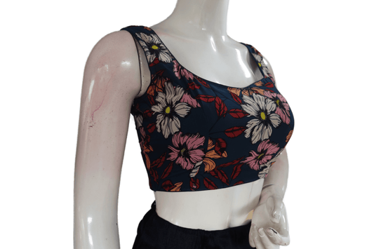 Dark Navy Blue Color Designer Organza Sleeveless Readymade Saree Blouse With Tassels - D3blouses