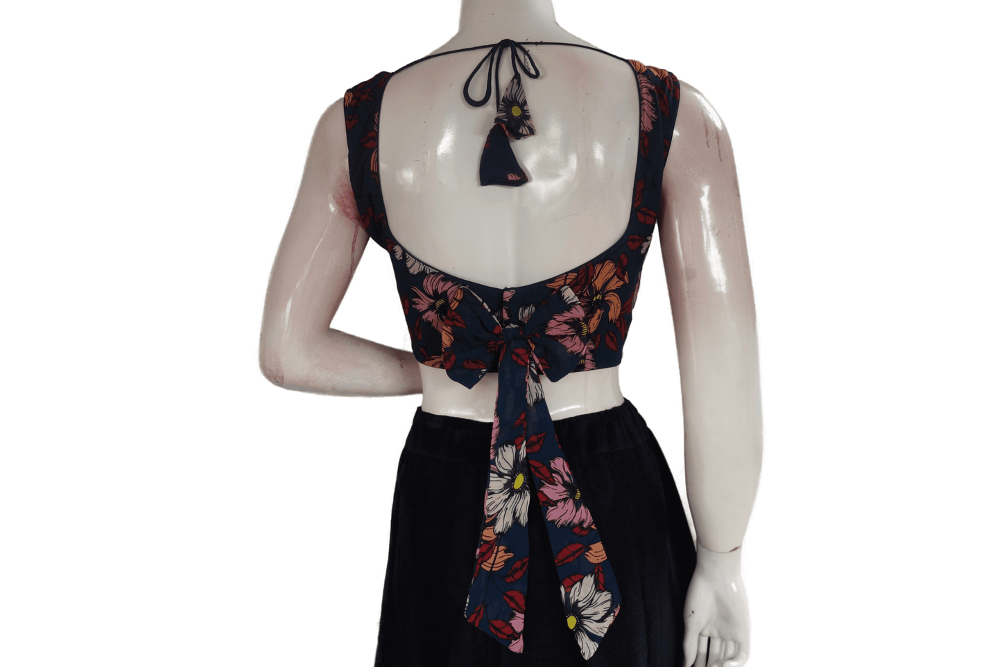 Dark Navy Blue Color Designer Organza Sleeveless Readymade Saree Blouse With Tassels - D3blouses