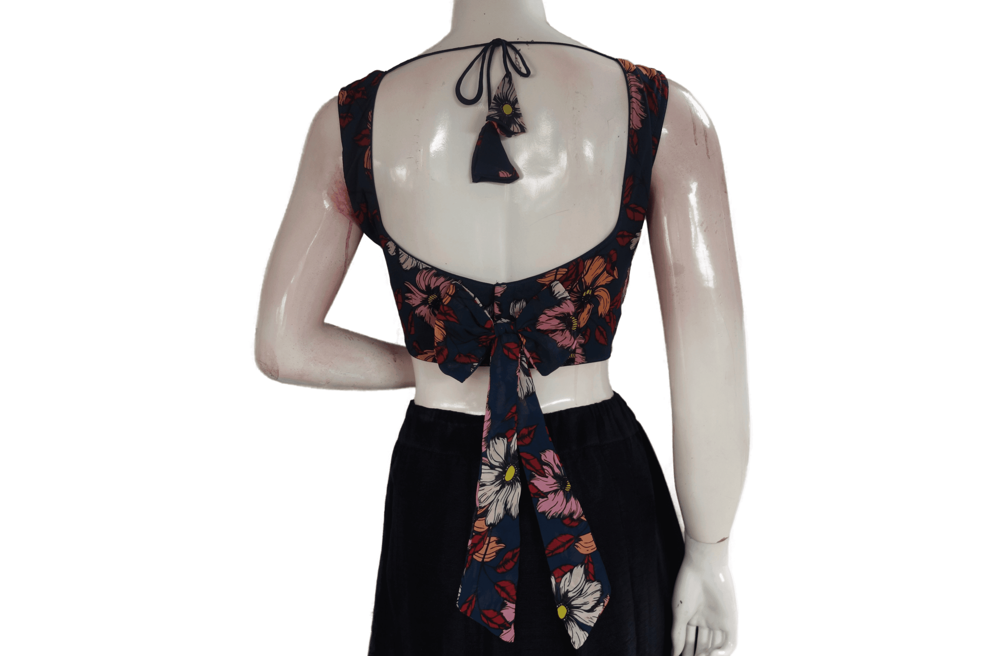 Dark Navy Blue Color Designer Organza Sleeveless Readymade Saree Blouse With Tassels - D3blouses