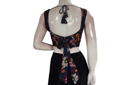 Dark Navy Blue Color Designer Organza Sleeveless Readymade Saree Blouse With Tassels - D3blouses