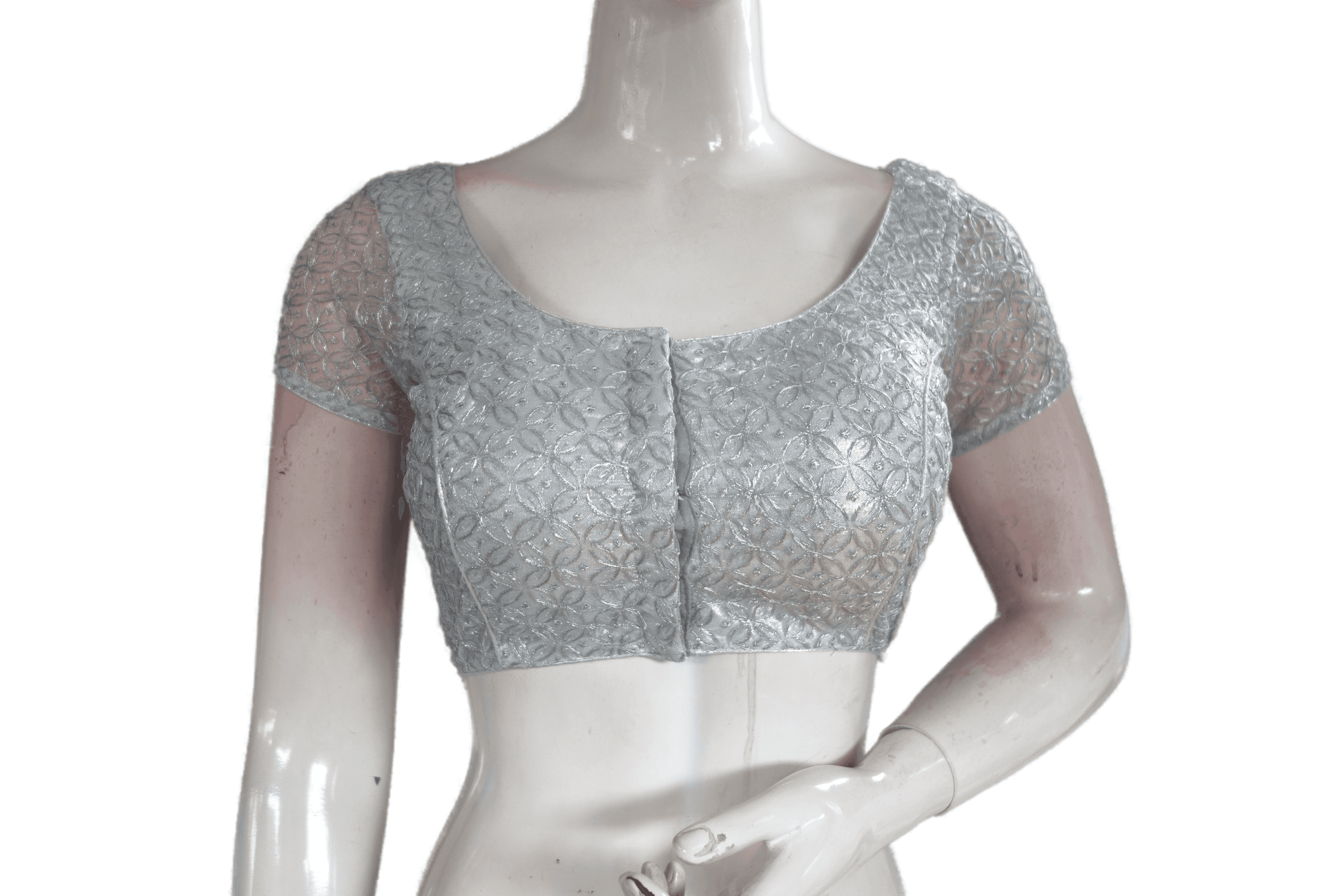Silver Color Designer Netted Embroidery Readymade Saree Blouse - D3blouses