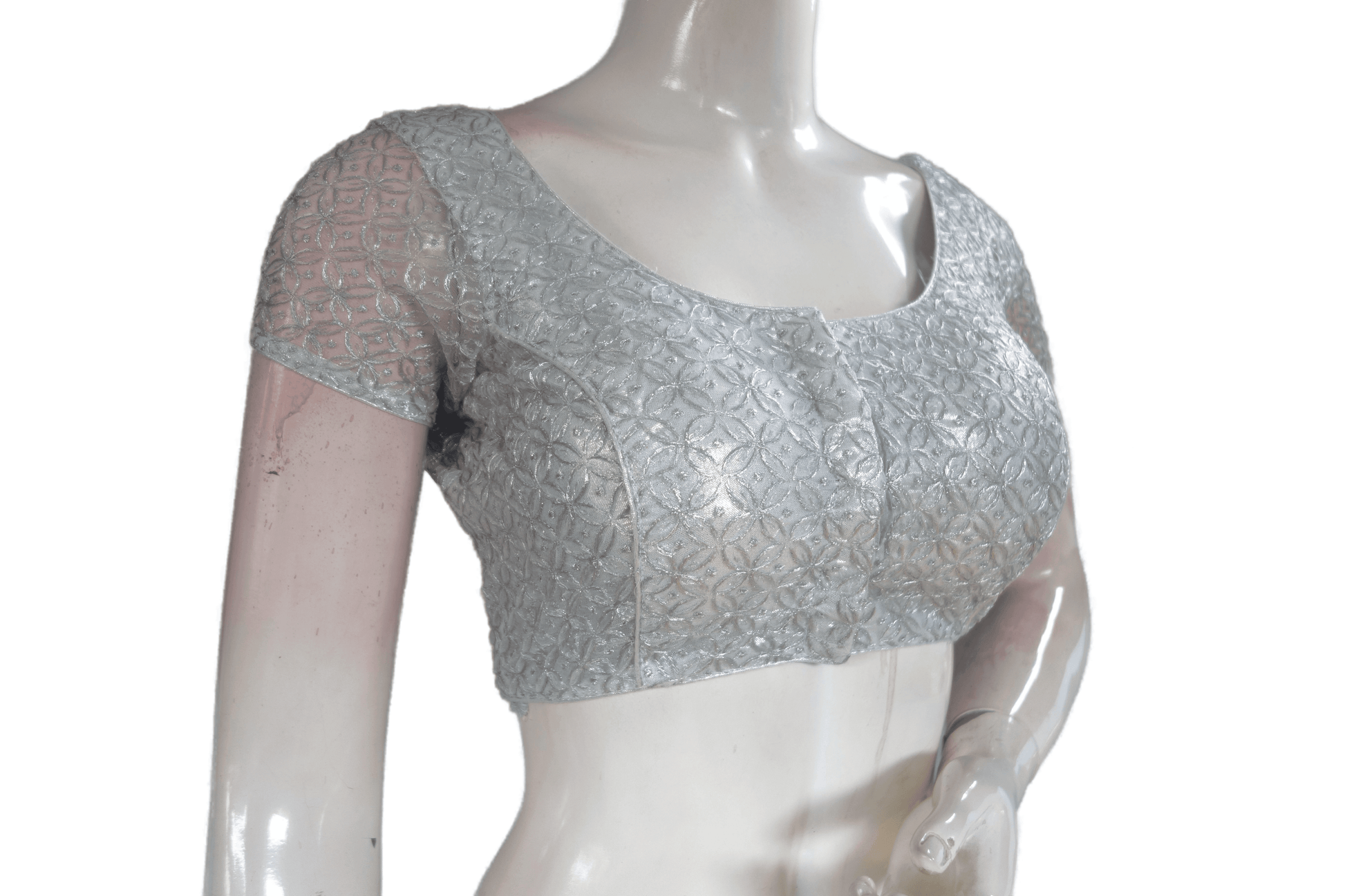 Silver Color Designer Netted Embroidery Readymade Saree Blouse - D3blouses