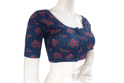 Navy Blue Color Cotton Printed Readymade Saree Blouse - D3blouses