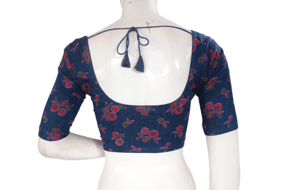 Navy Blue Color Cotton Printed Readymade Saree Blouse - D3blouses