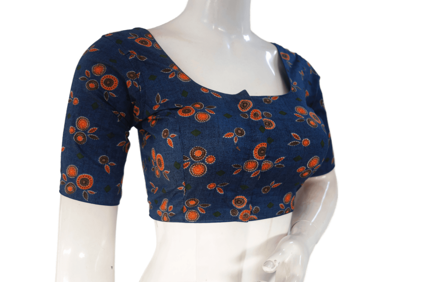 Navy Blue Color Cotton Printed Readymade Saree Blouse - D3blouses
