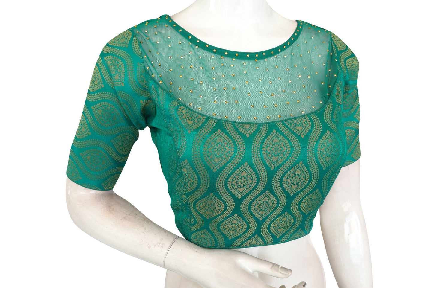 blue color brocade net designer indian silk saree readymade blouse 1