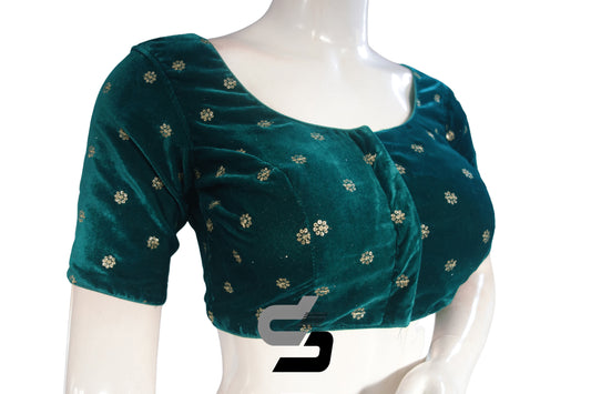 Teal Green Color Velvet Floral Sequin Embroidery Readymade Blouse 