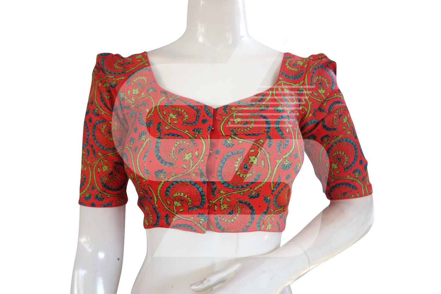 Red Color Cotton Designer Blouse With Retro Puff Sleeves - D3blouses