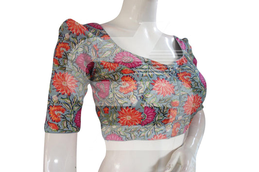 Grey Color Cotton Designer Blouse With Retro Puff Sleeves - D3blouses