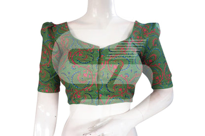 Green Color Cotton Designer Blouse With Retro Puff Sleeves - D3blouses