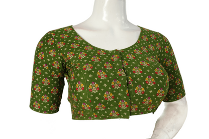 Green Color Patola Print Cotton  Readymade Saree Blouse