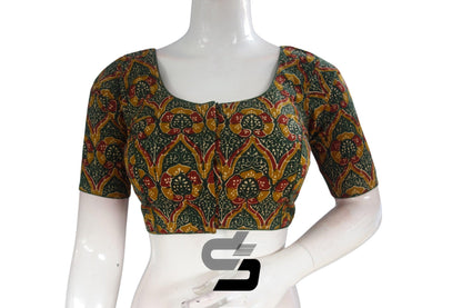 Dark Green Color Cotton Printed Readymade Saree Blouse - D3blouses
