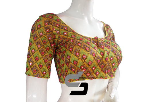 Mustard Yellow Color Peacock Embroidery Foil Mirror Readymade Saree Blouse With Matching Mask - D3blouses