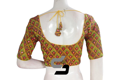 Mustard Yellow Color Peacock Embroidery Foil Mirror Readymade Saree Blouse With Matching Mask - D3blouses