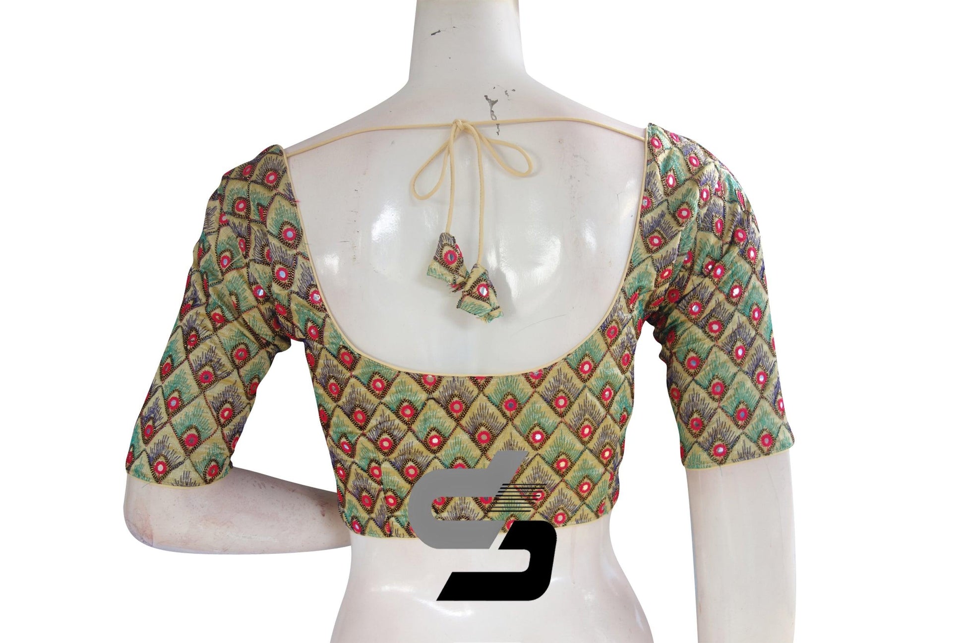 Gold Color Peacock Embroidery Foil Mirror Readymade Saree Blouse With Matching Mask - D3blouses