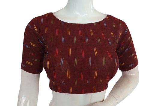 Discover stylish maroon Ikkat boat neck designer readymade saree blouses. Elevate your ethnic look with our elegant and versatile designs, perfect for any occasion.