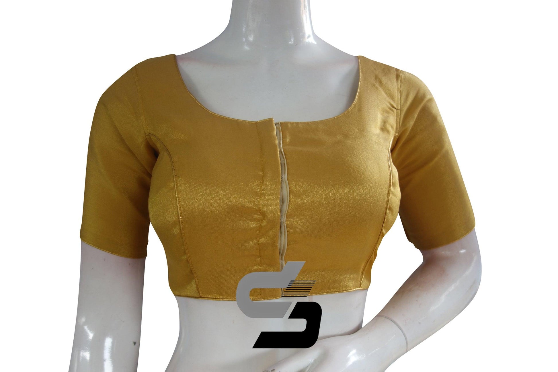 Golden Glow: Shine bright with this Plain Tissue Readymade Blouse Set featuring a matching mask. Effortlessly elegant for any occasion.