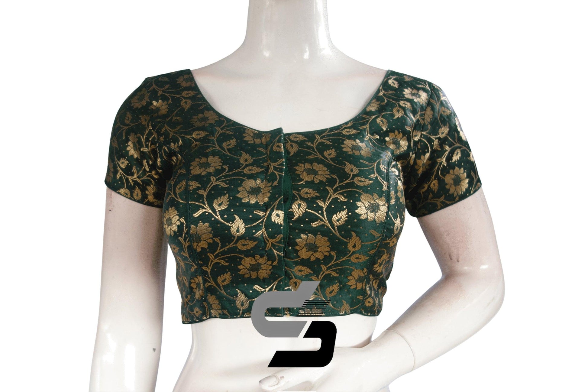 Dark Green Color Premium Banaras Brocade Silk Readymade Saree Blouse - D3blouses