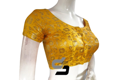 Yellow Color Premium Banaras Brocade Silk Readymade Saree Blouse - D3blouses