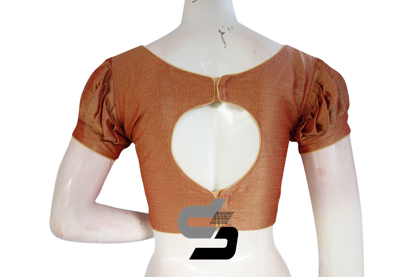 Terracotta Color Plain Silk Readymade Saree Blouse with Puff Sleeves - D3blouses