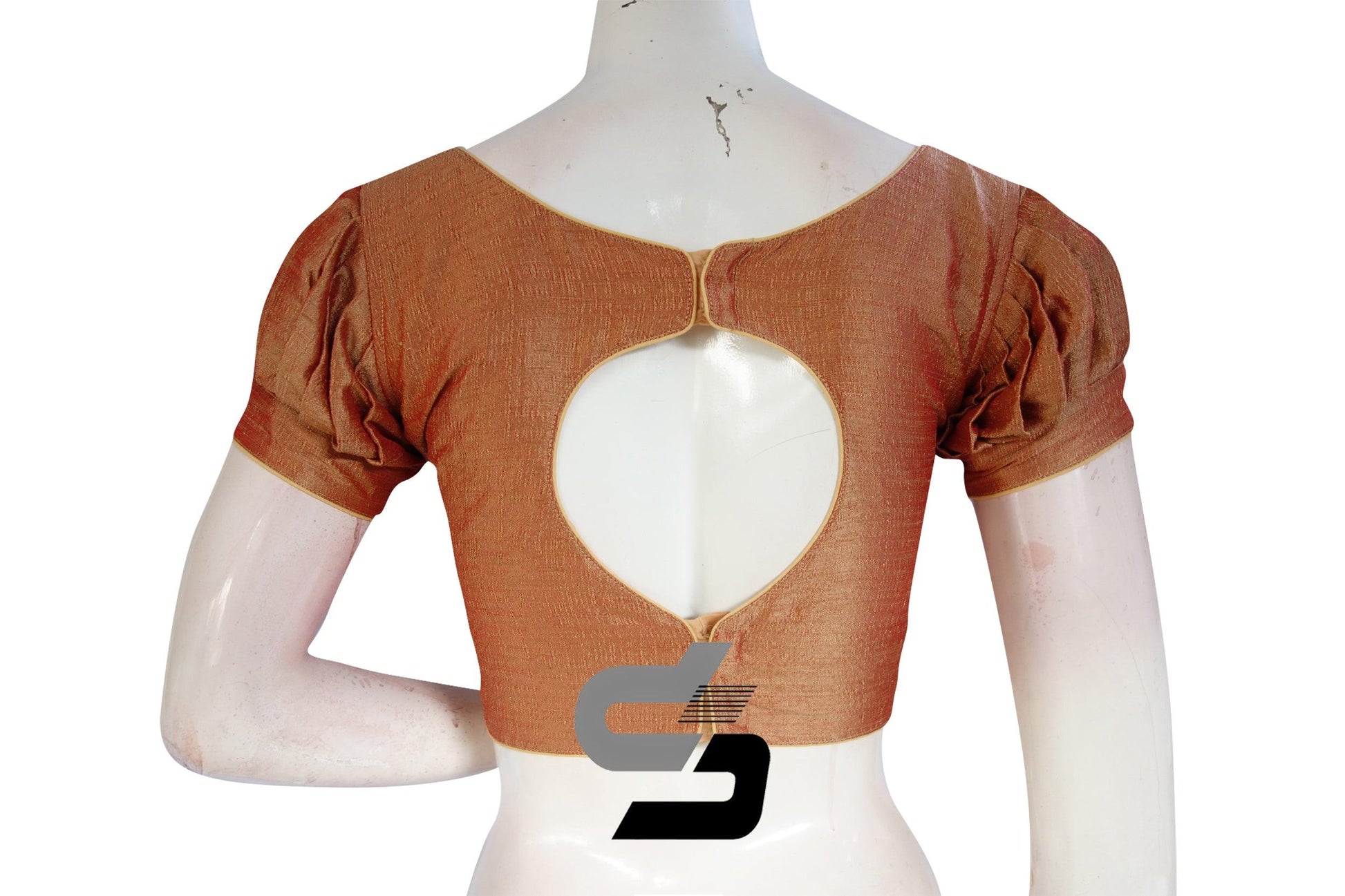 Terracotta Color Plain Silk Readymade Saree Blouse with Puff Sleeves - D3blouses