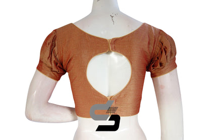 Terracotta Color Plain Silk Readymade Saree Blouse with Puff Sleeves - D3blouses