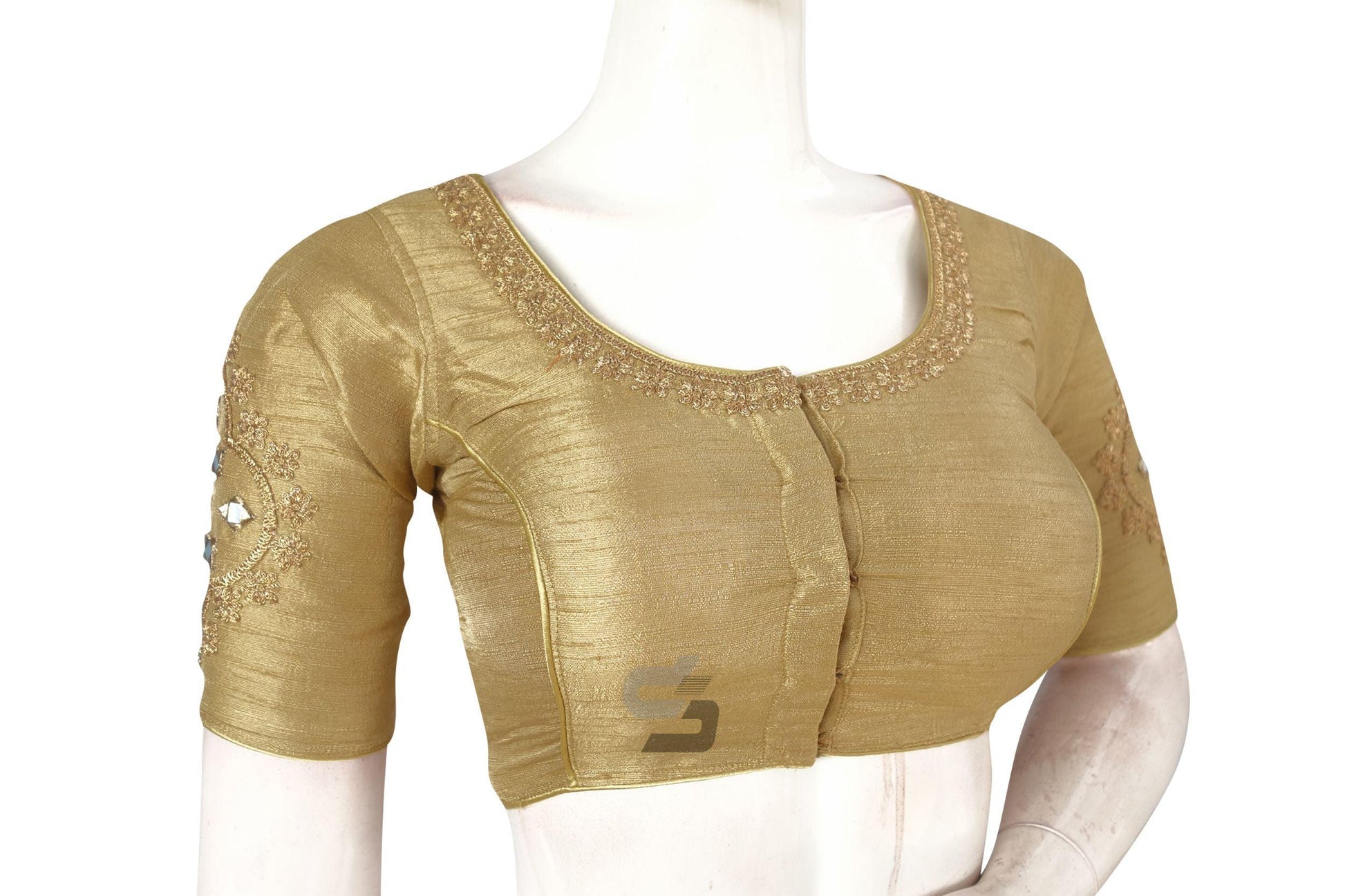Gold Color Designer Embroidered High Neck Readymade Saree Blouse - D3blouses