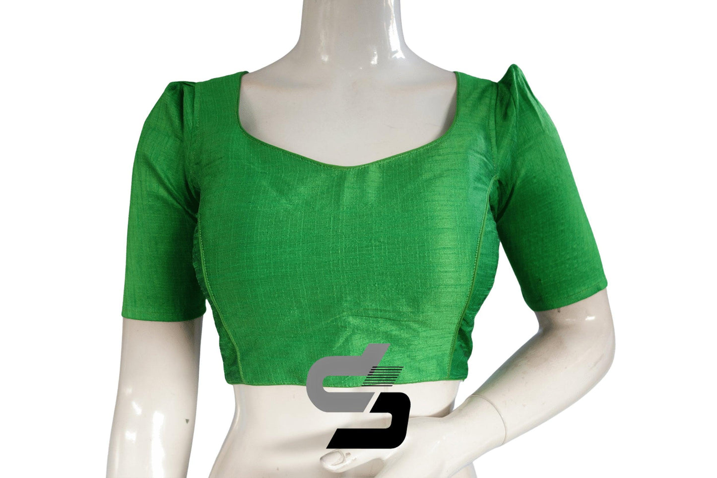 Green Color Plain Semi Silk Designer Readymade Saree Blouse with Retro Puff Sleeves - D3blouses