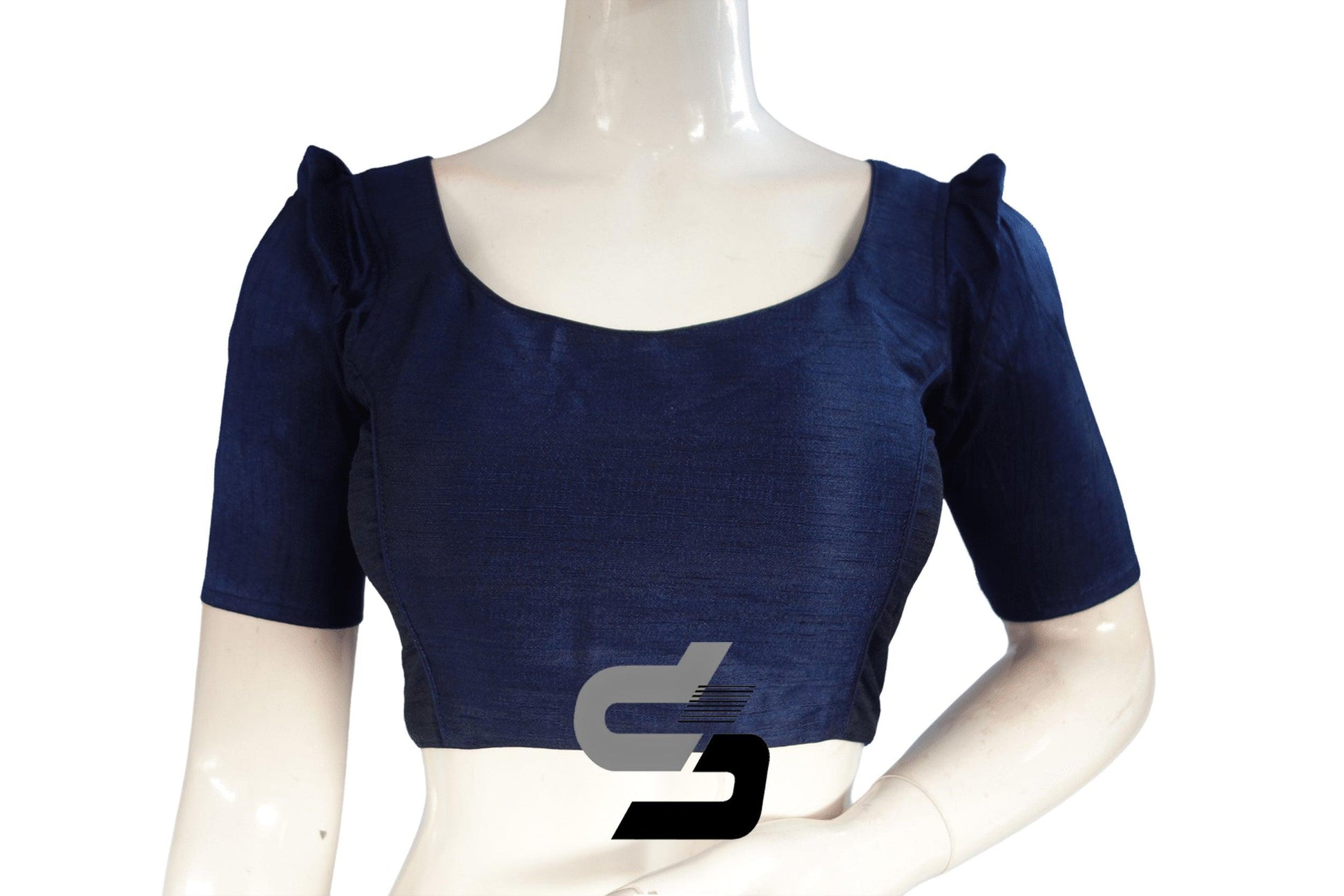 Navy Blue Color Plain Semi Silk Designer Readymade Saree Blouse with Retro Puff Sleeves - D3blouses