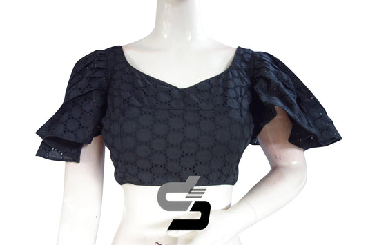 Black Color Hakoba Cotton Designer Blouse With Ruffle Sleeves - D3blouses