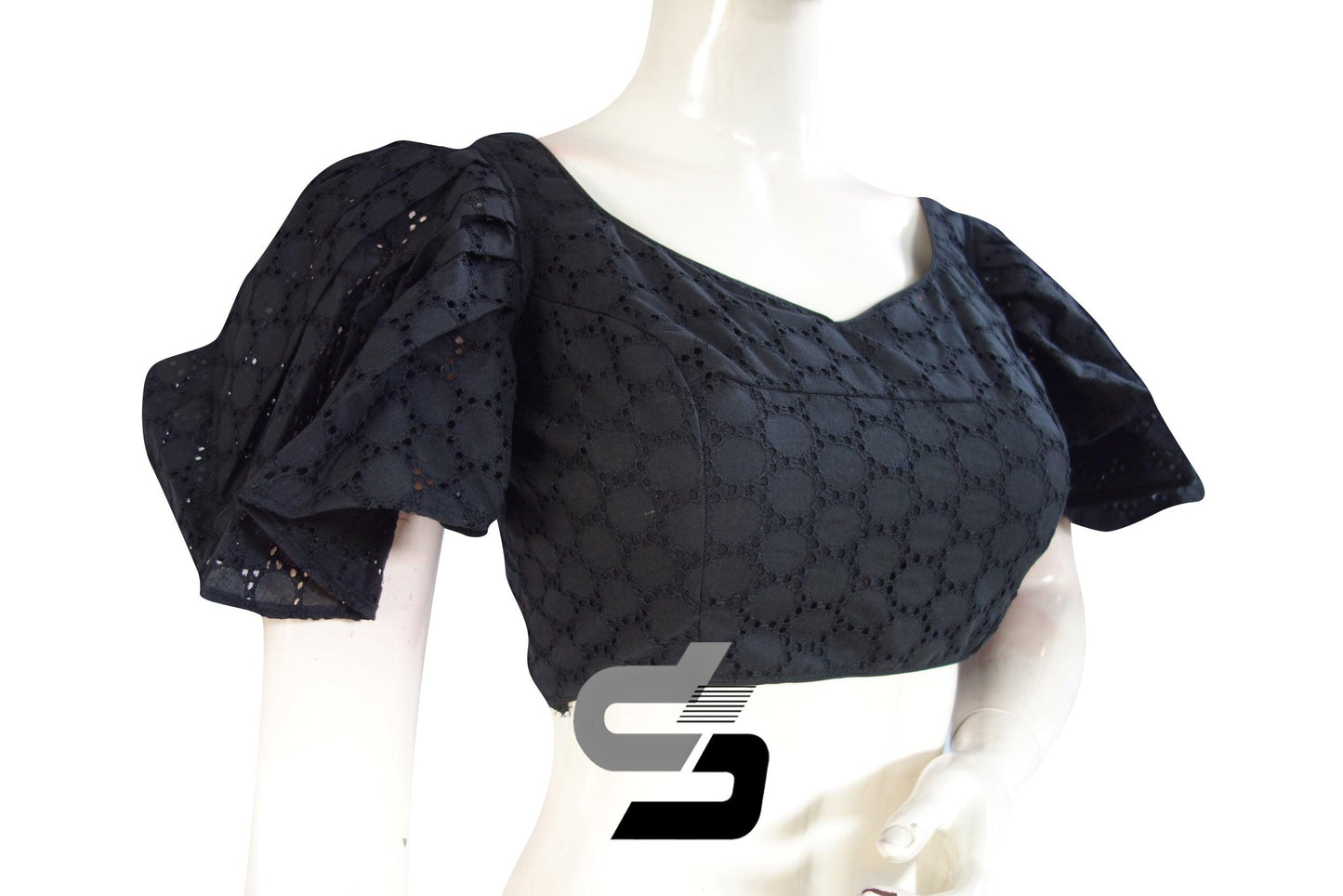 Black Color Hakoba Cotton Designer Blouse With Ruffle Sleeves - D3blouses