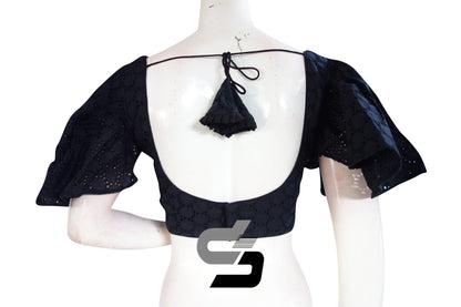 Black Color Hakoba Cotton Designer Blouse With Ruffle Sleeves - D3blouses
