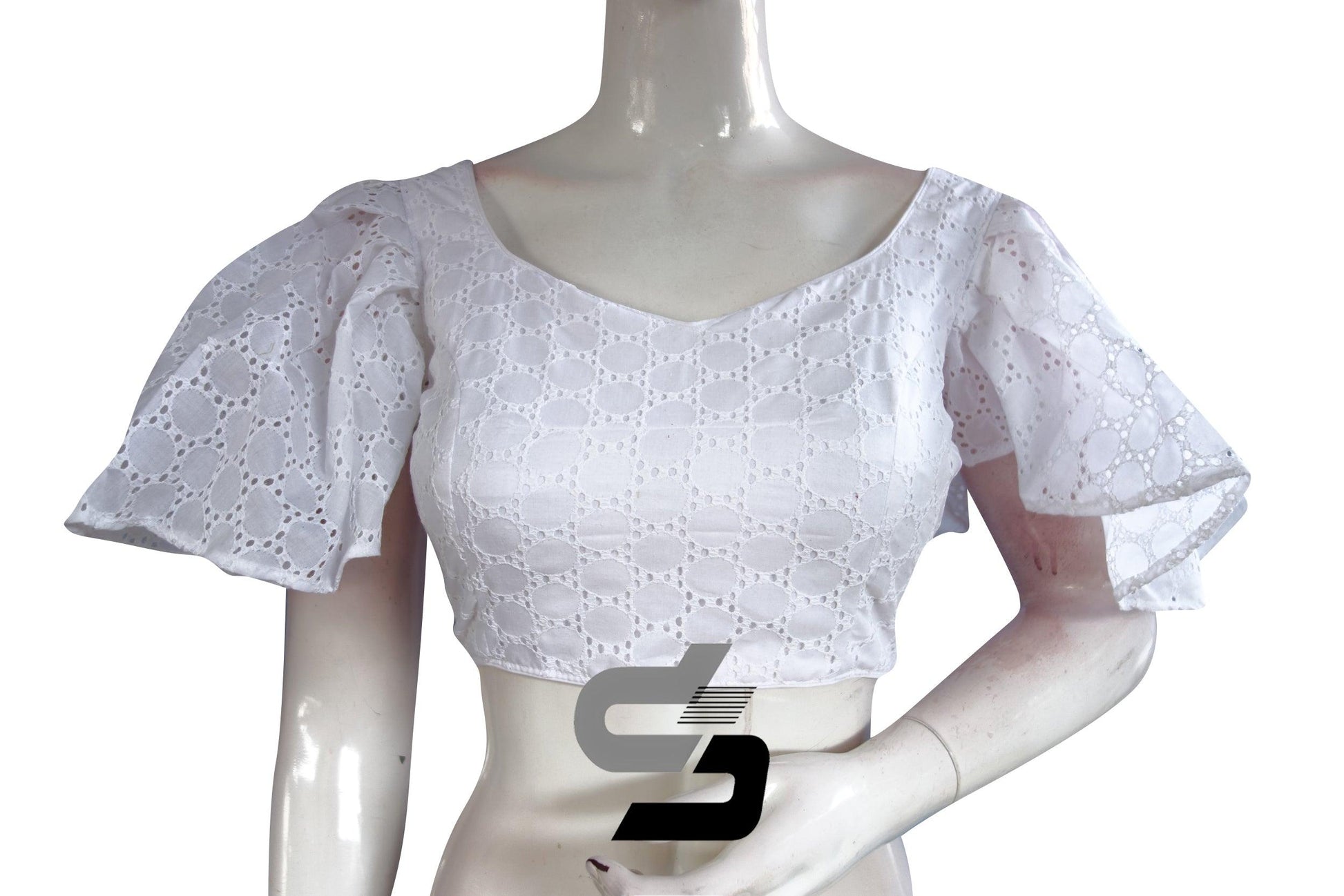 White Color Hakoba Cotton Designer Blouse With Ruffle Sleeves - D3blouses