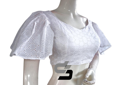 White Color Hakoba Cotton Designer Blouse With Ruffle Sleeves - D3blouses