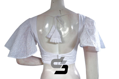 White Color Hakoba Cotton Designer Blouse With Ruffle Sleeves - D3blouses