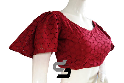 Maroon Color Hakoba Cotton Designer Blouse With Ruffle Sleeves - D3blouses
