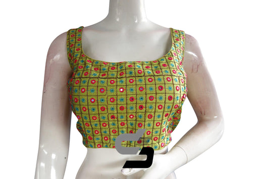 Green Color Designer Foil Mirror Embroidery Blouse With Tassels - D3blouses