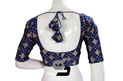 Navy Blue Color Brocade Designer Readymade Blouse With Sweet Heart Neckline