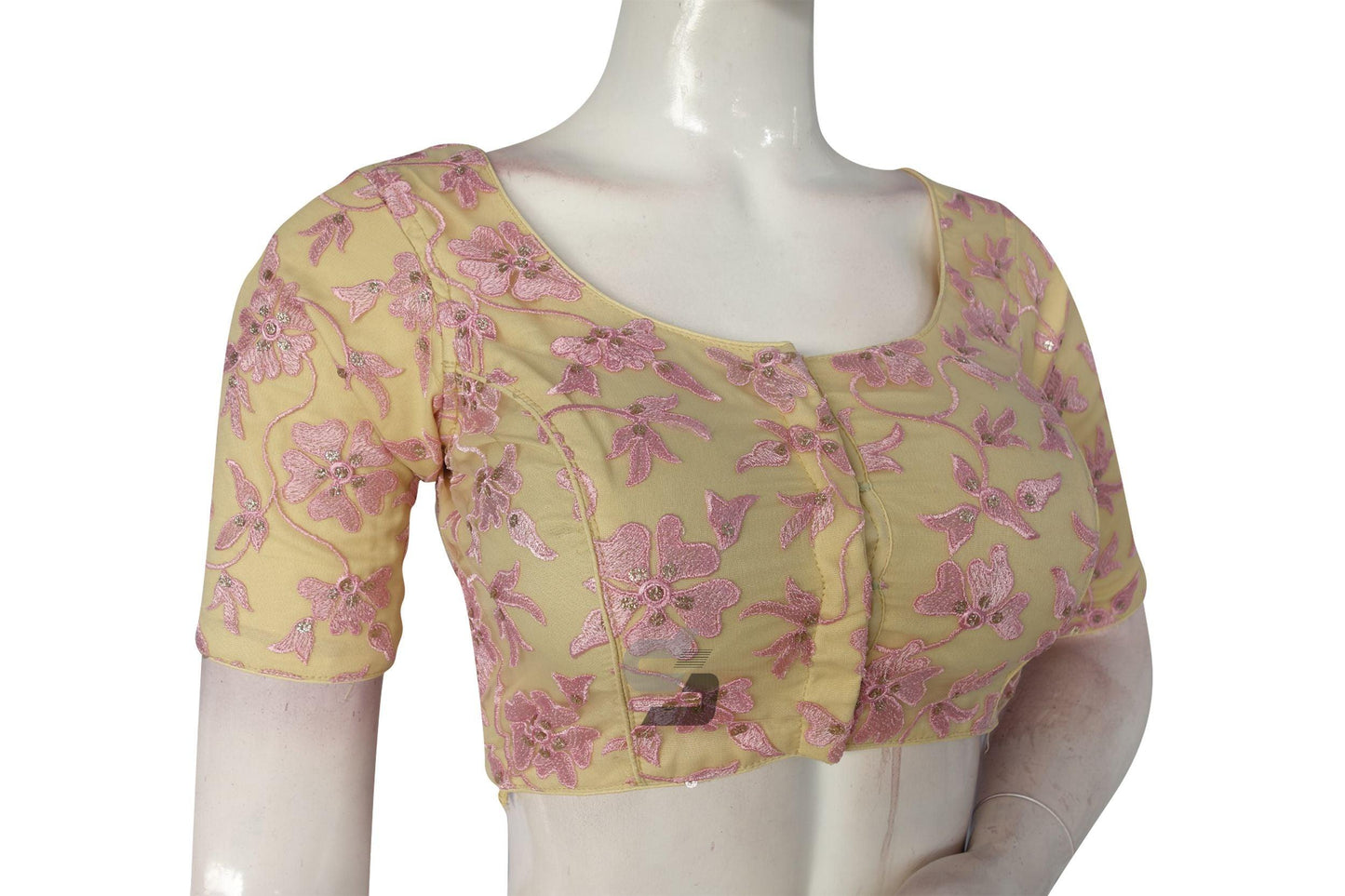 Pastel Yellow Color Netted Embroidery Designer Readymade Blouse - D3blouses
